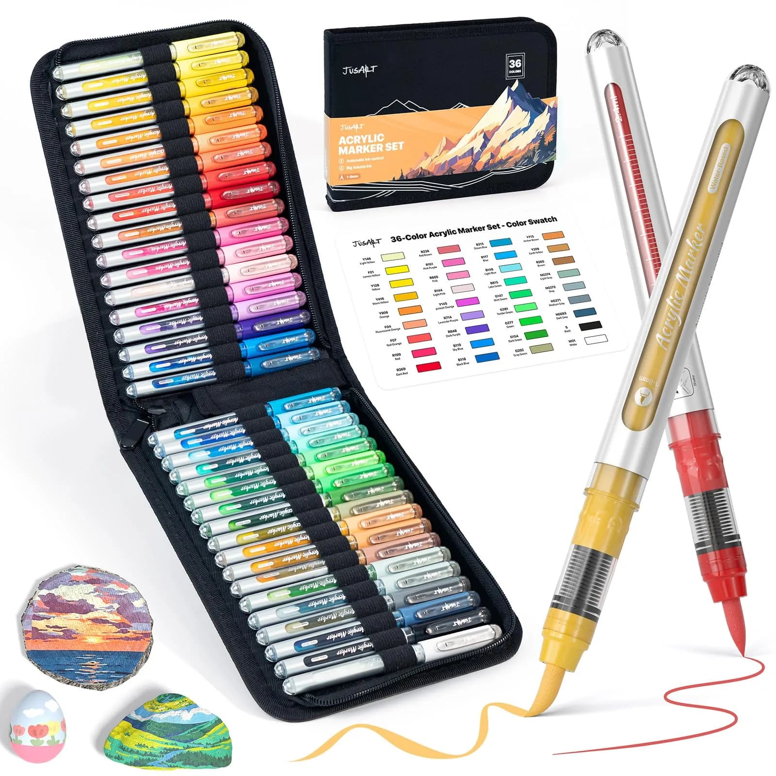 JusArt 36 Colors Acrylic Paint Markers Brush Tip, Automatic Ink Control, 299g (10.5oz) | ASTM D4236 & EN71 Certified