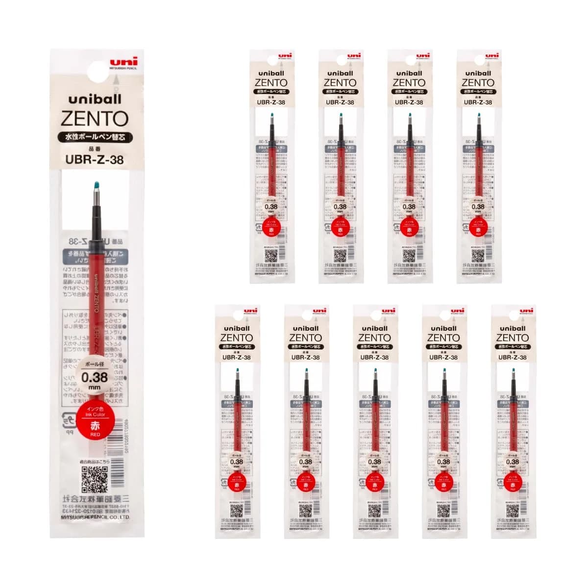 uniball ZENTO Water-Based Ink Refill UBR-Z-38, 0.38mm Extra Fine Point, Red, Pack of 10 | Smooth Ink Flow — Red