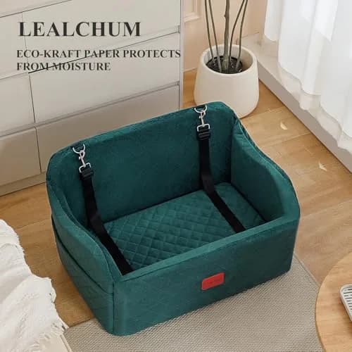 Lealchum Dog Car Seat for Medium/Large Dogs | Removable & Washable Pet Booster with Safety Leash (Large, Green) thumbnail 8