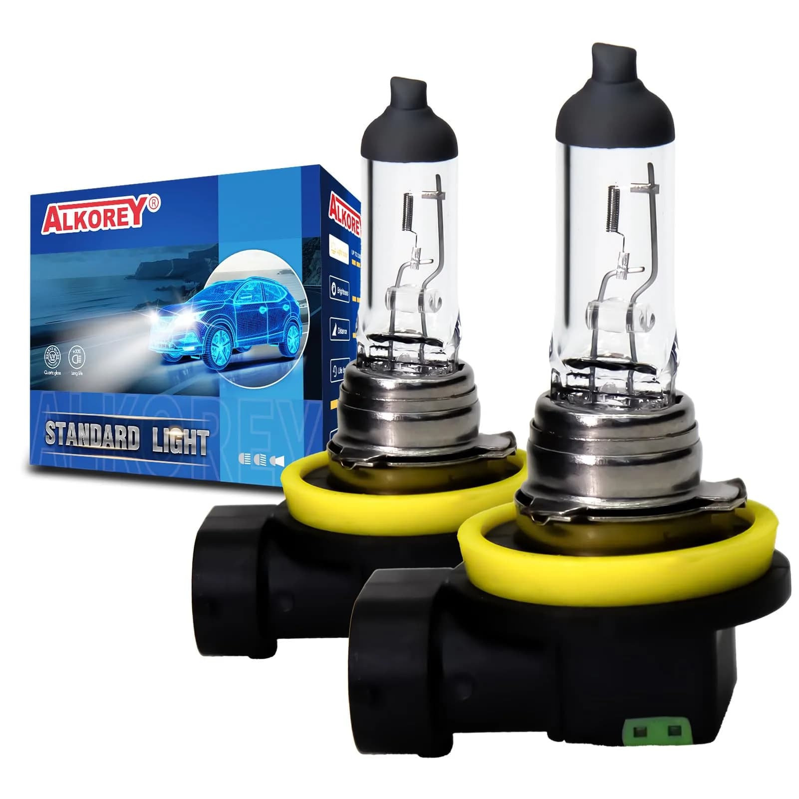 ALKOREY HB3 9005 12v 65w Car Headlight Bulb | Warm White 3300K, High & Low Beam, 2 Pack — H11