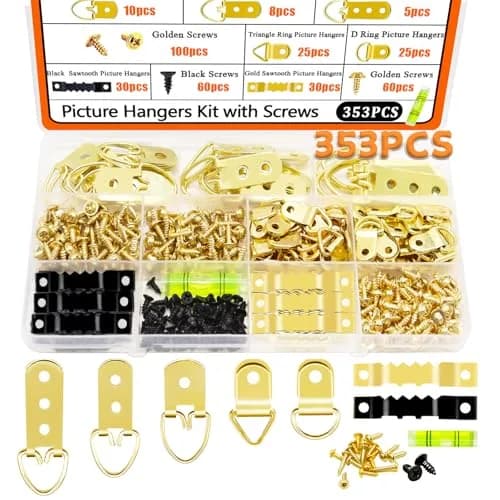 Dianrui 353PCS Picture Hanging Kit with Screws, Saw-Tooth, D Ring Picture Hangers Assortment, Picture Hanging Hardware Tool for Frame Hanging - 7 Models | 200g (0.44 lb) thumbnail 1