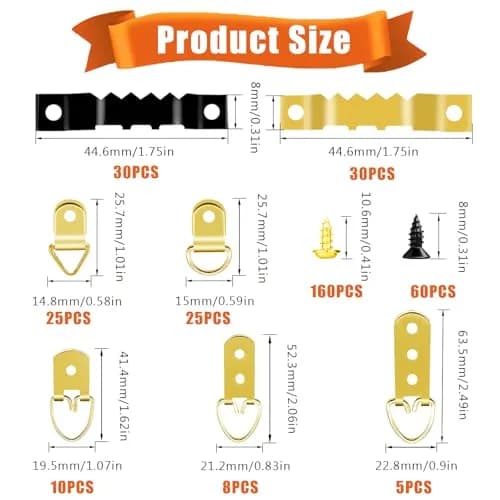 Dianrui 353PCS Picture Hanging Kit with Screws, Saw-Tooth, D Ring Picture Hangers Assortment, Picture Hanging Hardware Tool for Frame Hanging - 7 Models | 200g (0.44 lb) thumbnail 2