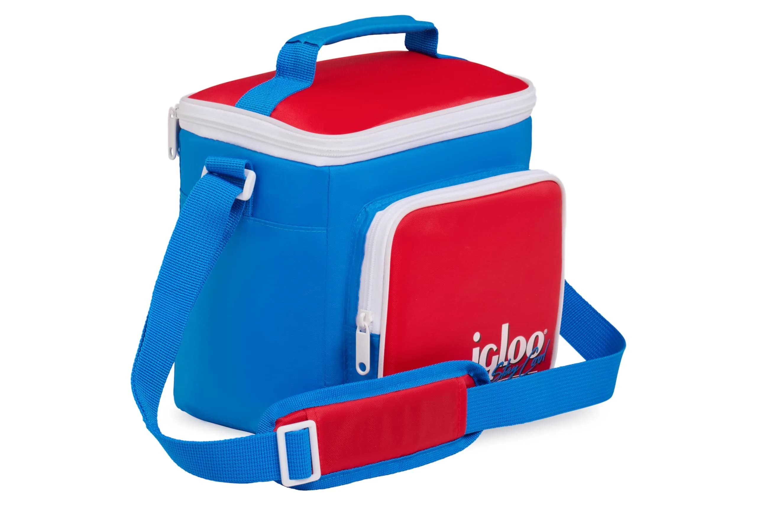 Igloo Retro Collection Square Lunch Bag with Leakproof Insulation, 9 Can Capacity, Neon Color — Red Blue