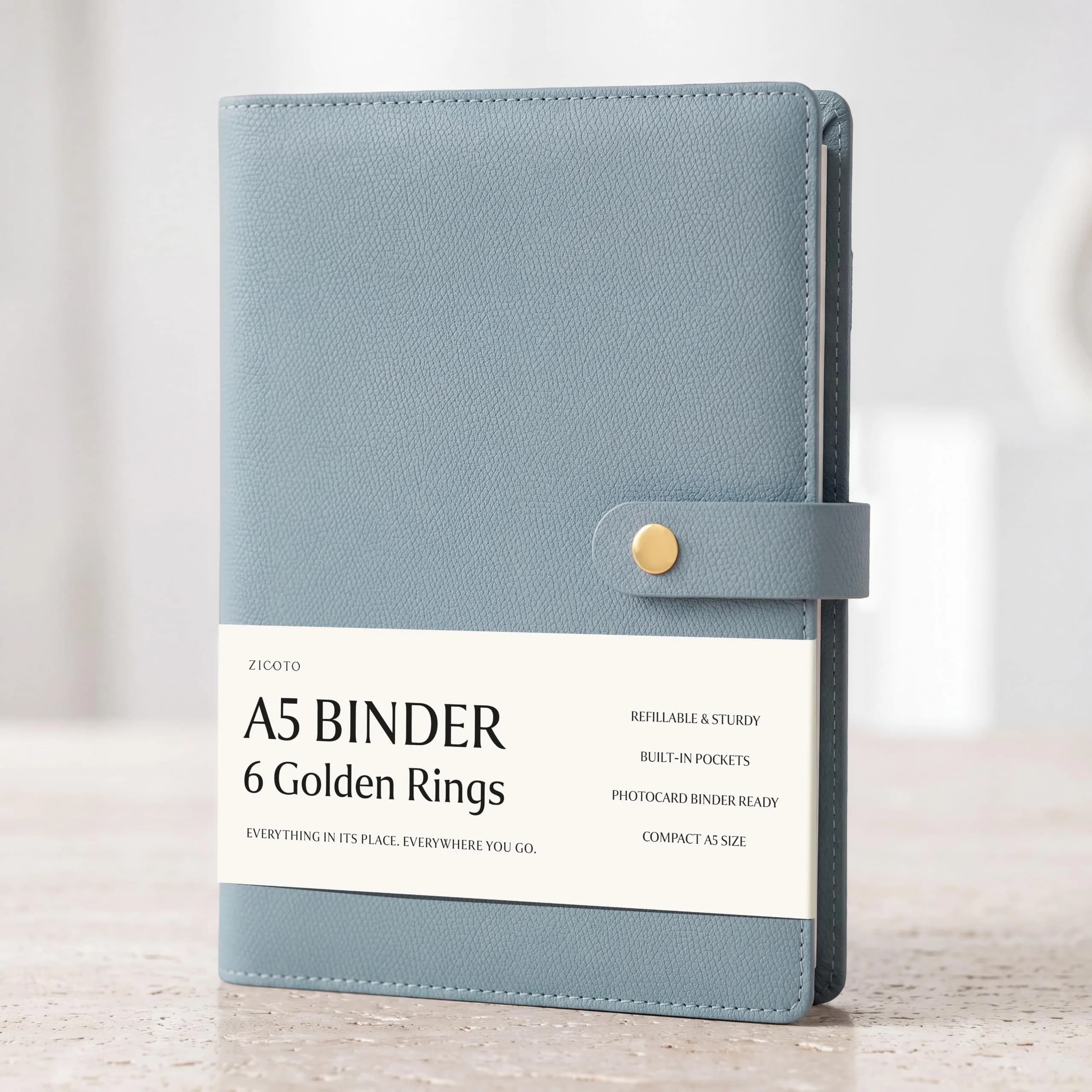 ZICOTO A5 Binder with 6 Golden Rings | Refillable Organizer with Pockets, Blue