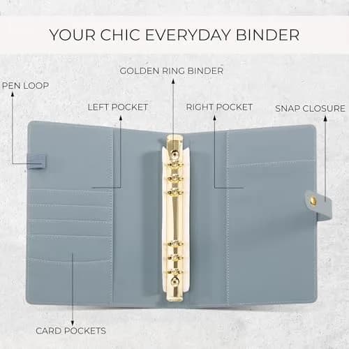 ZICOTO A5 Binder with 6 Golden Rings | Refillable Organizer with Pockets, Blue thumbnail 5