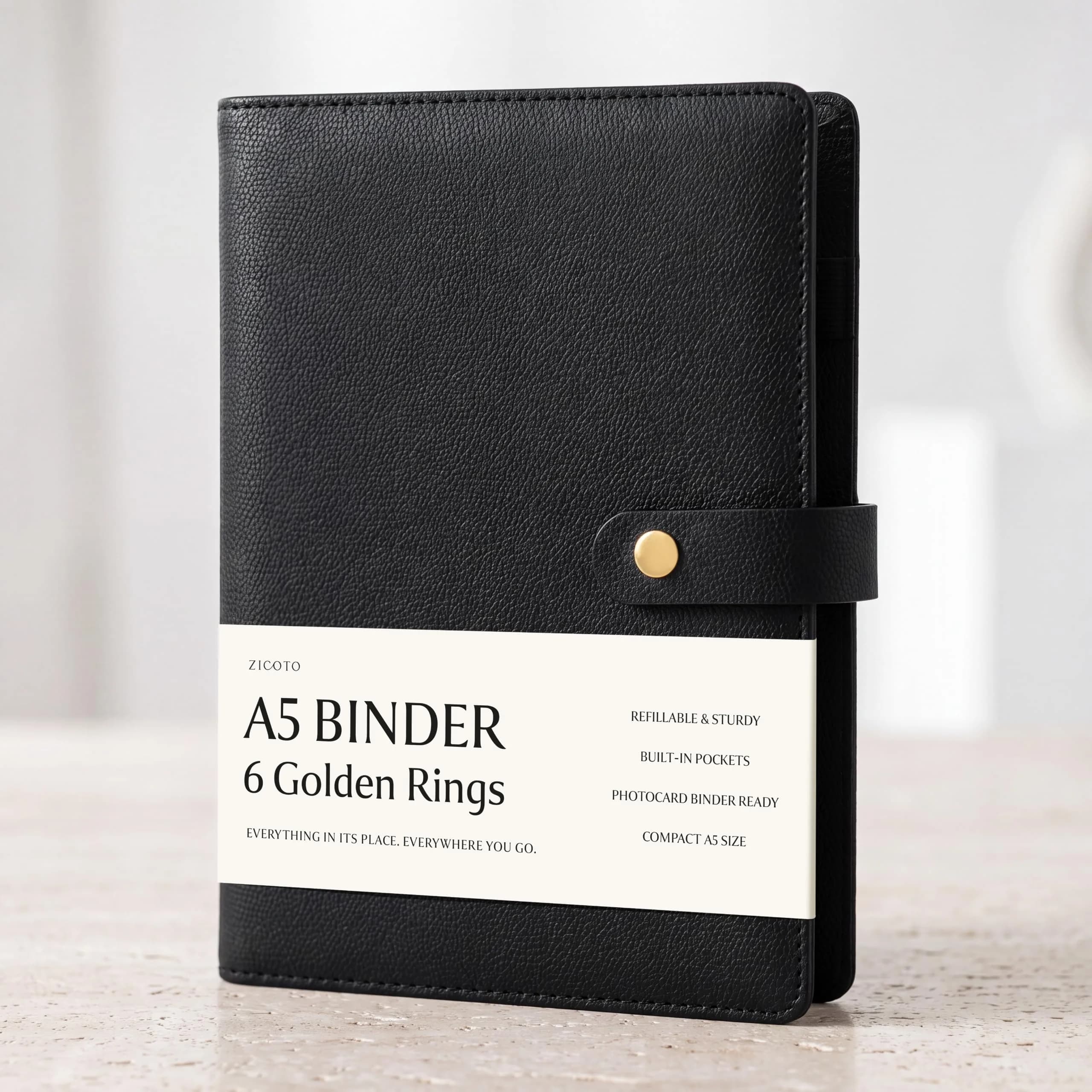 ZICOTO Aesthetic A5 Binder with 6 Golden Rings | Refillable Organizer for Notes & Cards