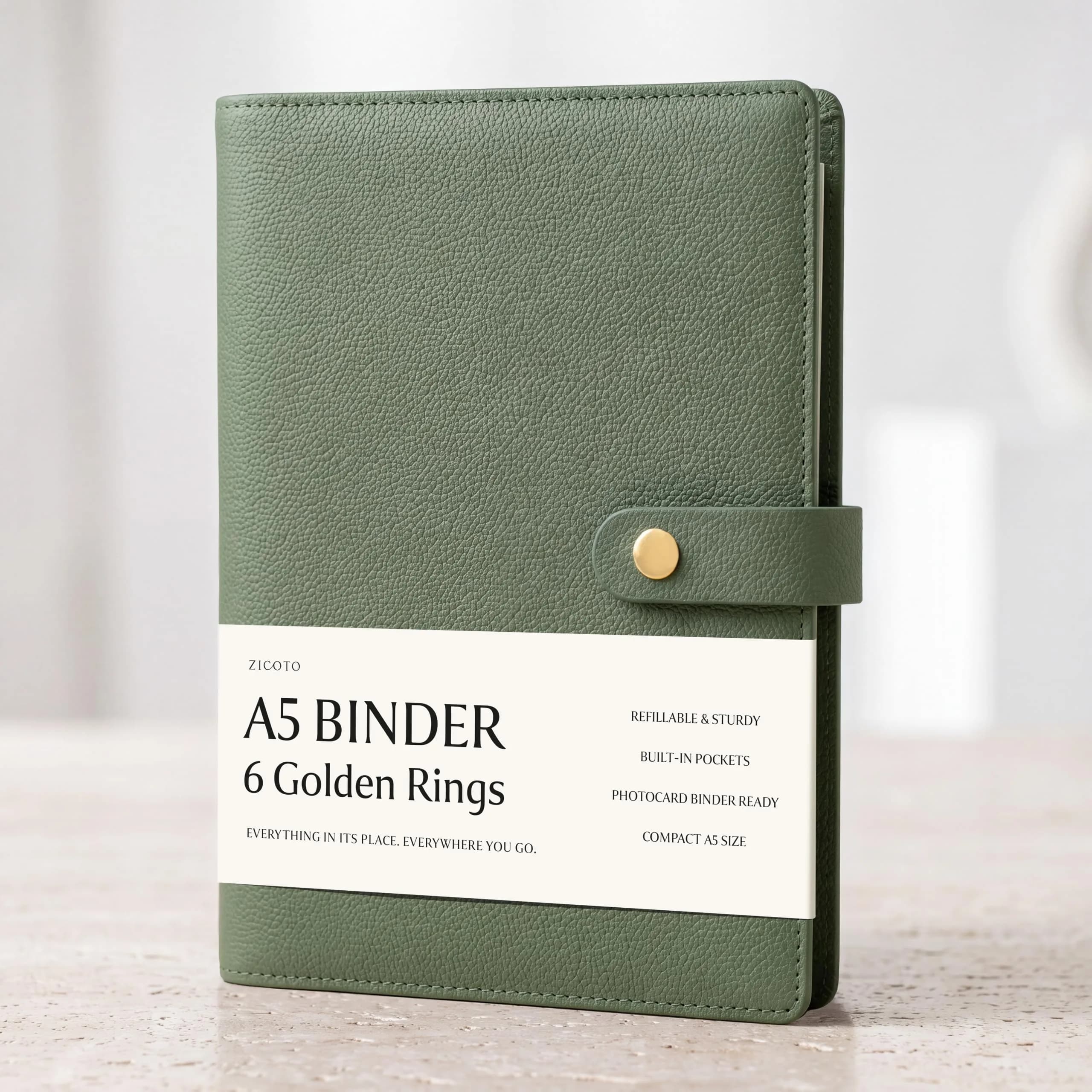 ZICOTO A5 Ring Binder with 6 Golden Rings | Refillable Organizer with Pockets - main product image