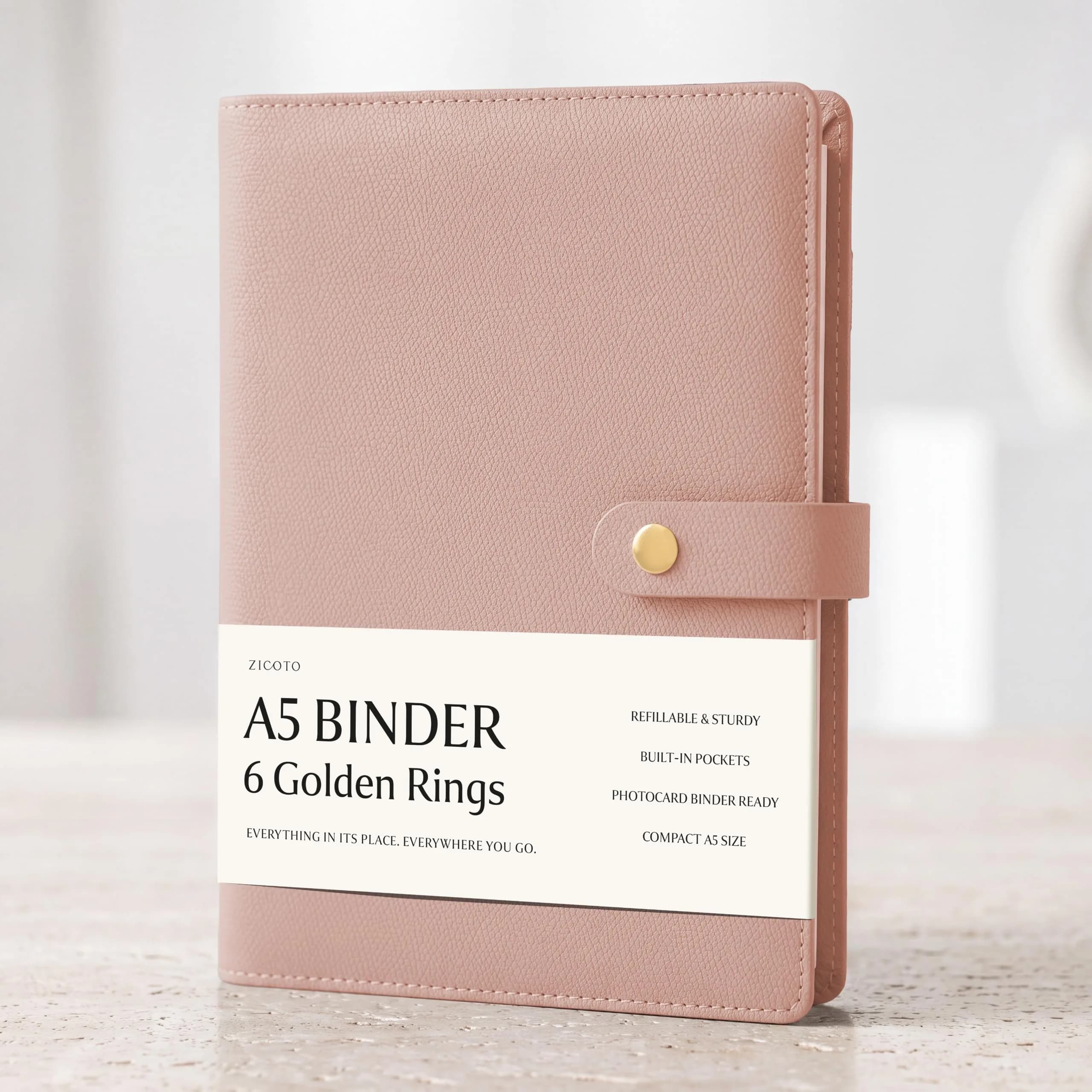 ZICOTO Aesthetic A5 Binder with 6 Golden Rings | Refillable Organizer with Pockets - main product image