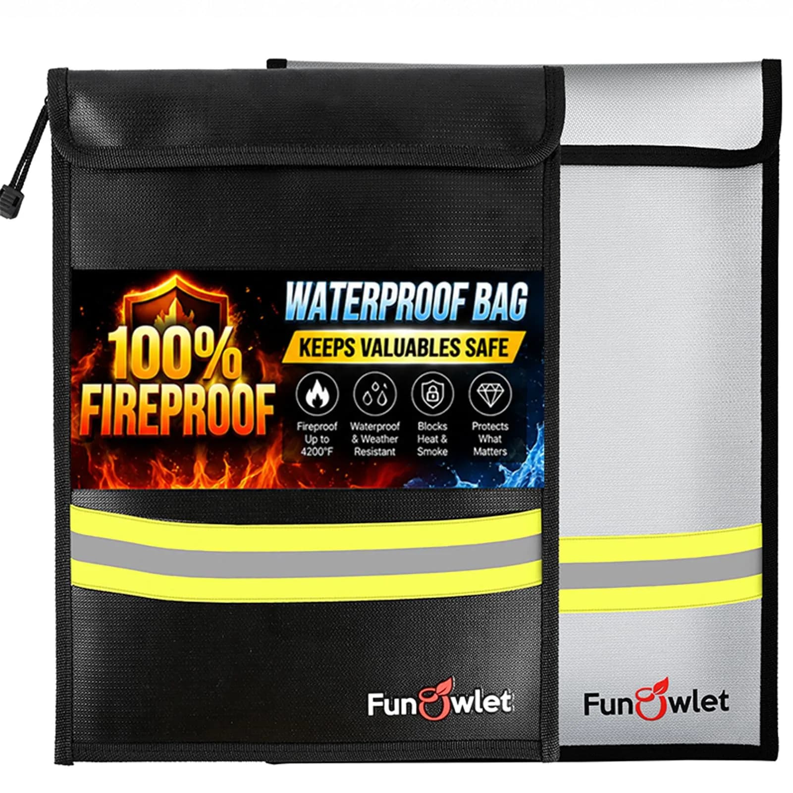 FunOwlet Fireproof Waterproof Money Document Bag 15" x 11" Gray | Fire & Water Resistant Organizer — Black+Gray