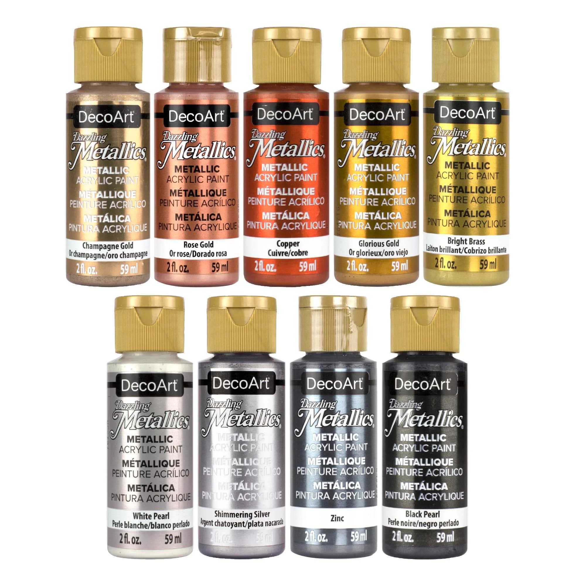DecoArt Americana Dazzling Metallics Acrylic Paint Set 2 fl oz (59 ml) Bottles | Shimmering Metallic Craft Paints for Canvas, Wood & DIY Projects — Multi - Starter
