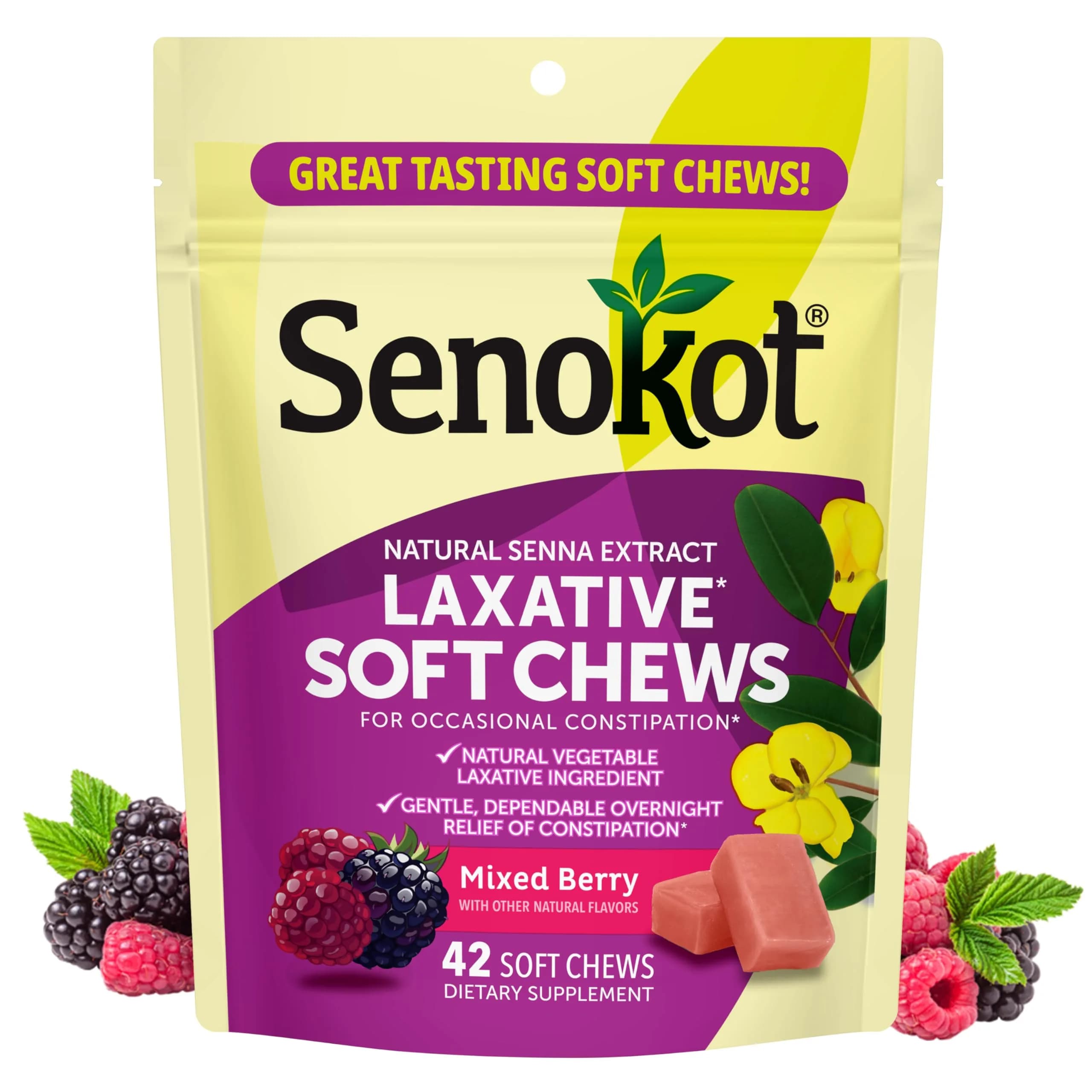 Senokot Laxative Soft Chews, Mixed Berry 42 Chews | Gentle Overnight Relief for Occasional Constipation - main product image