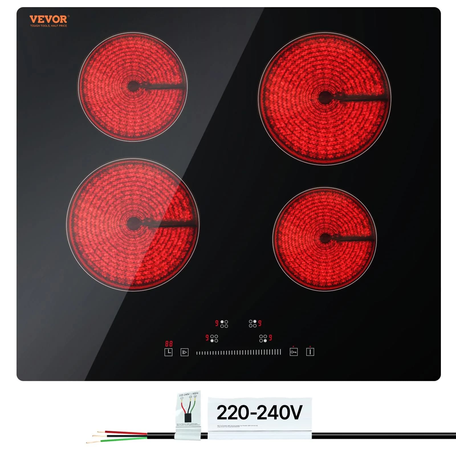 VEVOR Built-in Electric Stove Top 12 inch 2 Burners 3000W 220-240V Glass Radiant Cooktop | Sensor Touch Control with Timer & Child Lock — 24 IN-4 Burner+Touch Control