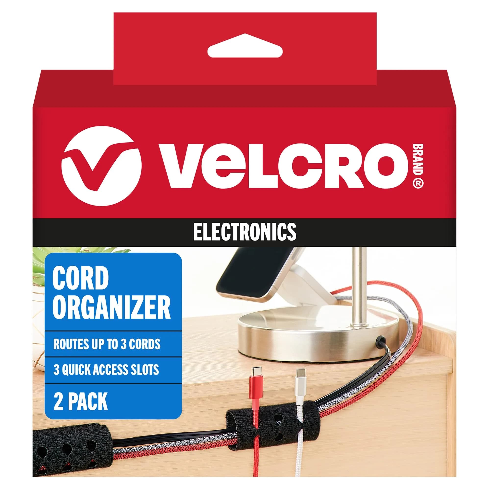 VELCRO Brand Cord Organizer for Desk Cable Management, Nightstand Organization, Dual Function Cable Sleeve Cord Keepers Combo, Holds Wires for Easy Access, Small 2pk Black - main product image