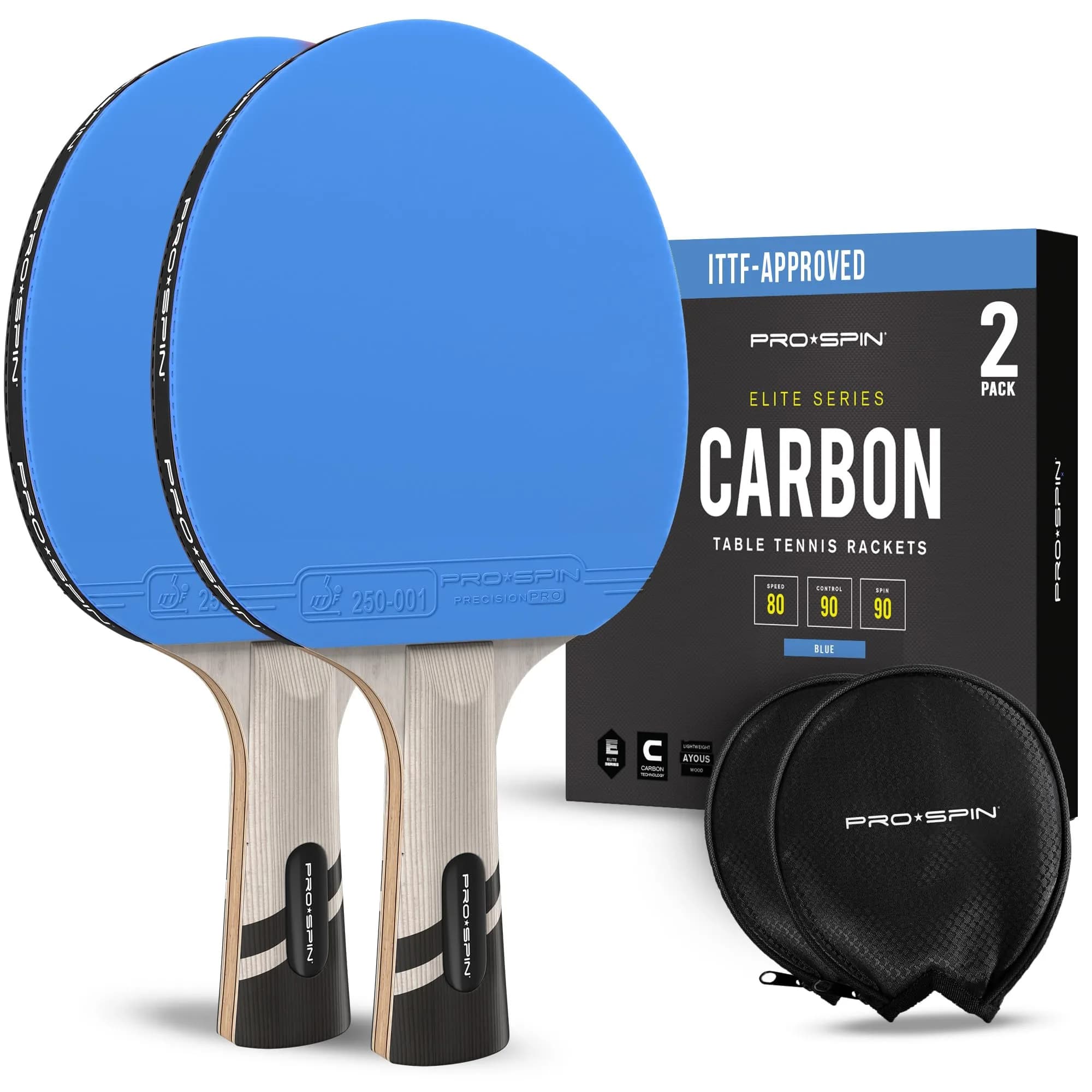 PRO-SPIN ITTF Approved Carbon Fiber Table Tennis Rackets | 7-Ply Blade, 2.0mm Sponge, Shakehand Grip (Blue, 2-Pack)