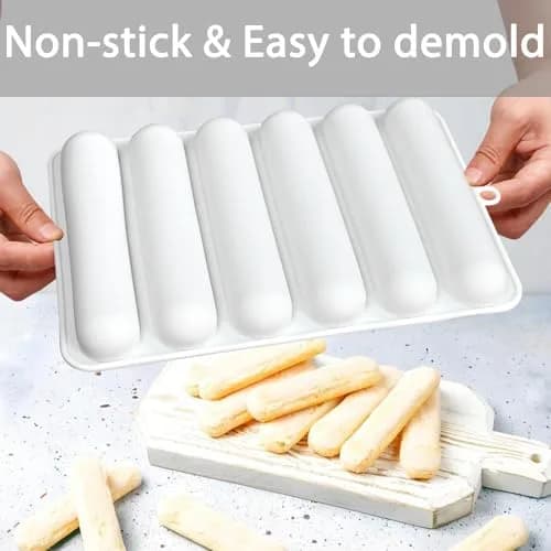 Fchil Silicone Eclair Mold for Ladyfinger Biscuit & Hot Dog Buns | 6-Cavity, Food-Grade Silicone, Oven & Freezer Safe thumbnail 3