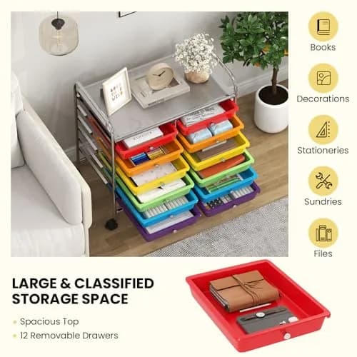 CLEEMAN Storage Drawer Cart 12-Drawer Metal Frame | Multipurpose Mobile Trolley with 12 Removable Drawers thumbnail 6