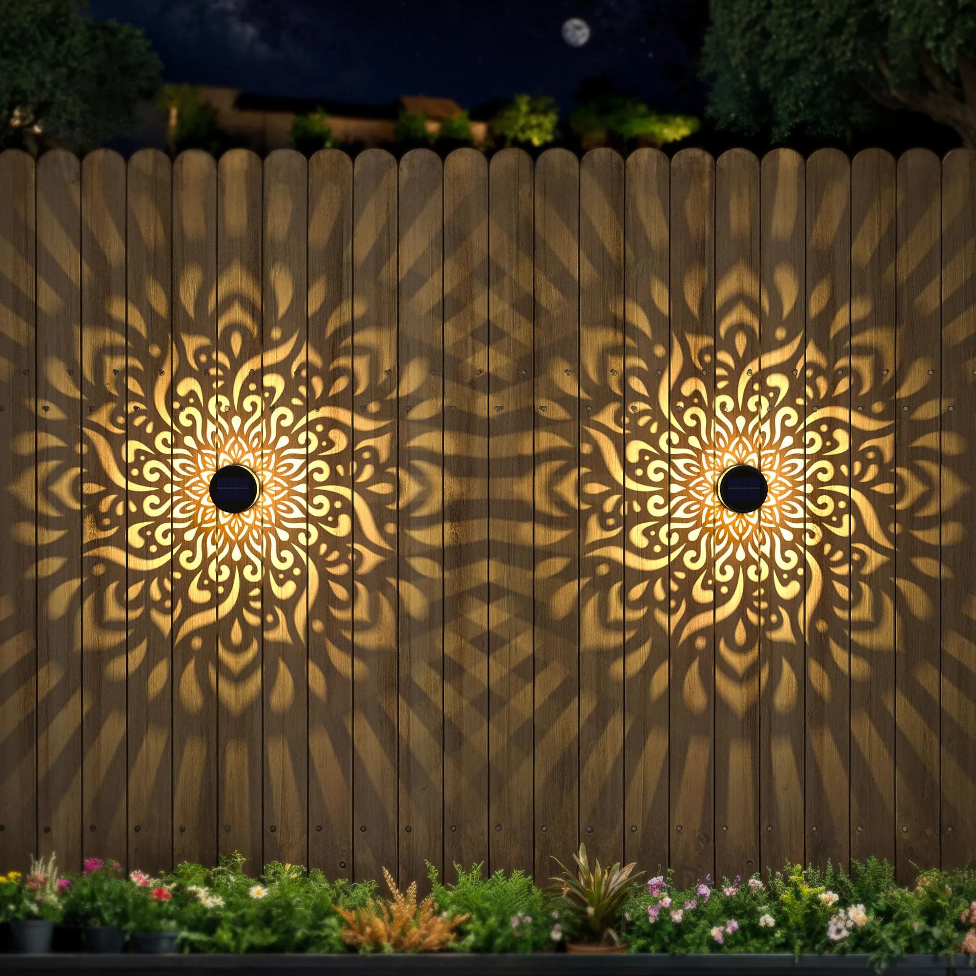 gardencave Large Solar Fence Lights Metal Mandala Pattern Waterproof 4 Pack | Outdoor Wall & Deck Decor - main product image