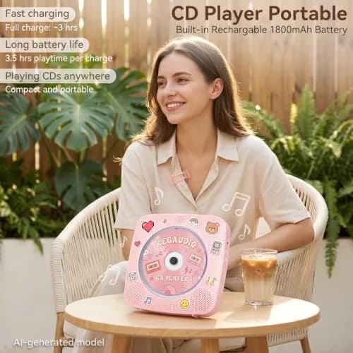 Kegaudio Portable Bluetooth CD Player with Speakers & FM Radio, 1800mAh Rechargeable, Pink | All-in-One Audio Player thumbnail 2