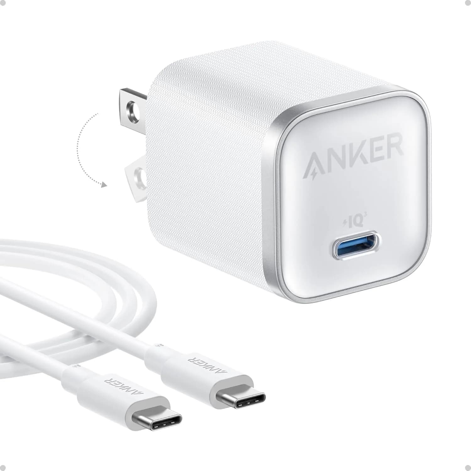 Anker Nano 45W USB-C Charger with 6ft Cable | 20V/3A Output, Foldable Plug, White — White