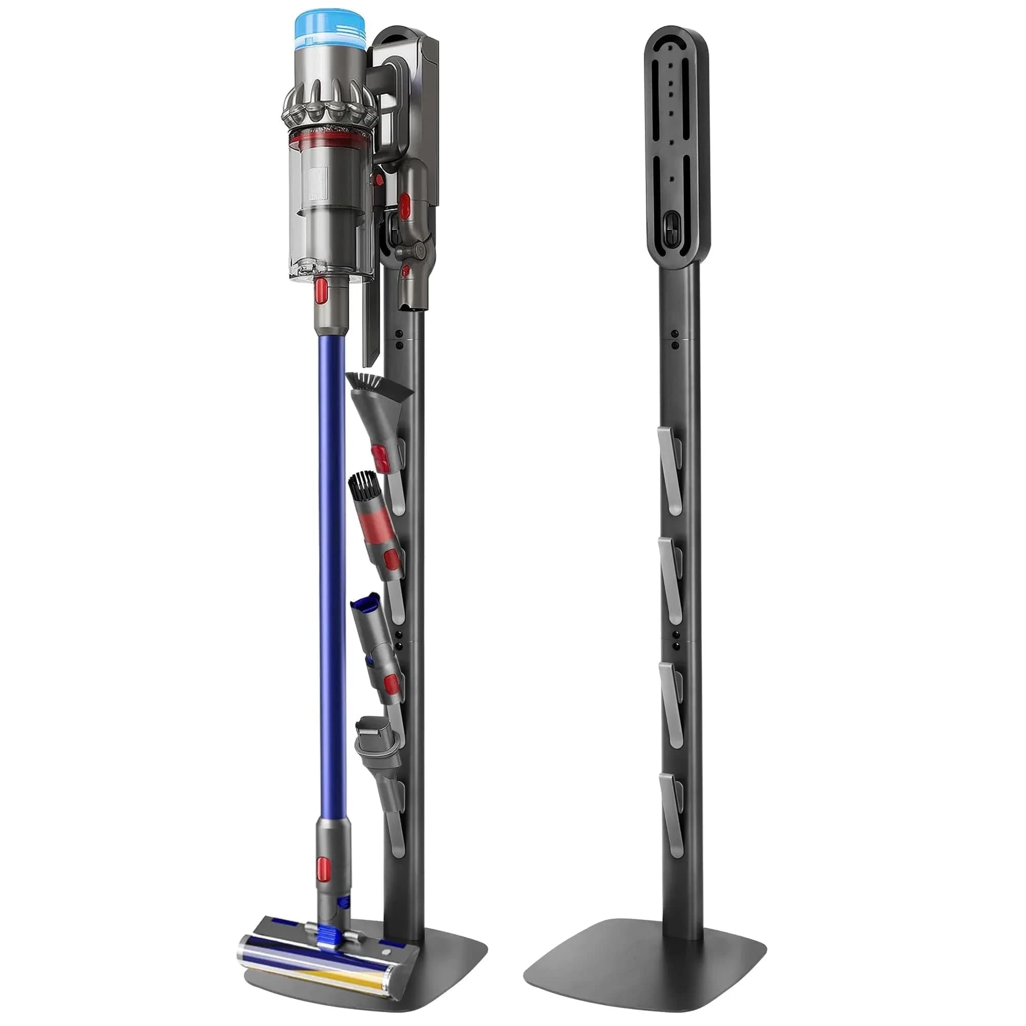 Kukikan GrandeTier Vacuum Stand Holder with 8 Hooks & Shelves | Freestanding Metal Dock for Cordless Vacuums — Gray / Frontline - 4 Accessory Holders