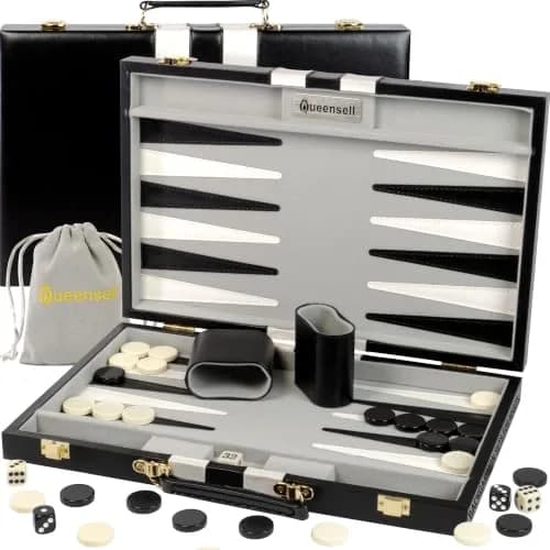 Queensell Large Black Backgammon Set 38.1 cm (15 Inch) | Classic Strategy Board Game for 2 Players thumbnail 1