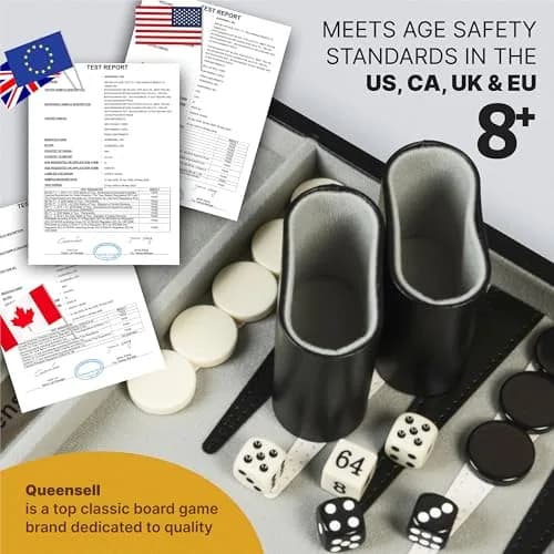 Queensell Large Black Backgammon Set 38.1 cm (15 Inch) | Classic Strategy Board Game for 2 Players thumbnail 7