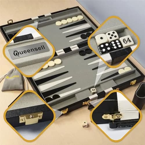 Queensell Large Black Backgammon Set 38.1 cm (15 Inch) | Classic Strategy Board Game for 2 Players thumbnail 8
