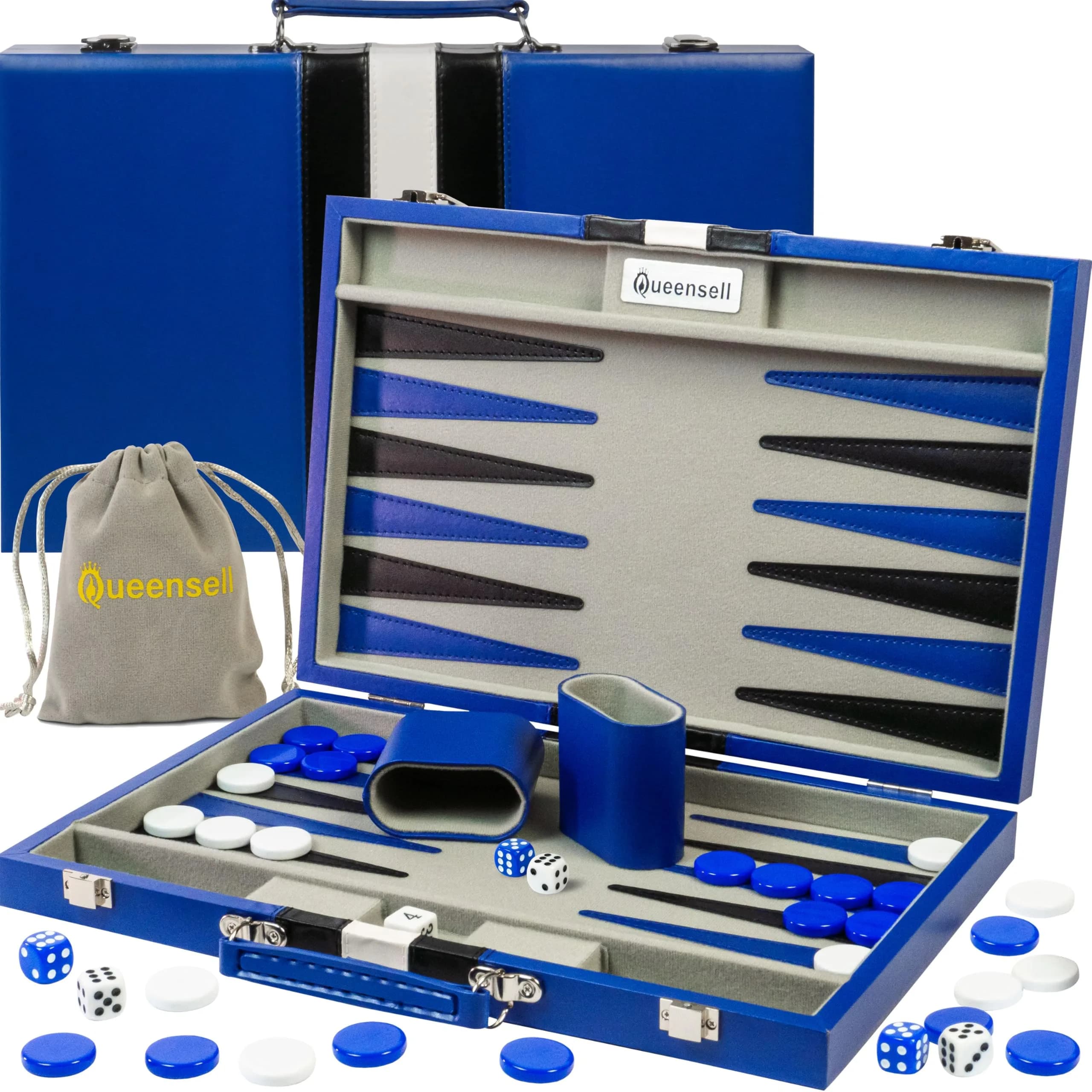 Queensell Large Black Backgammon Set 38.1 cm (15 Inch) | Classic Strategy Board Game for 2 Players — Premium Blue