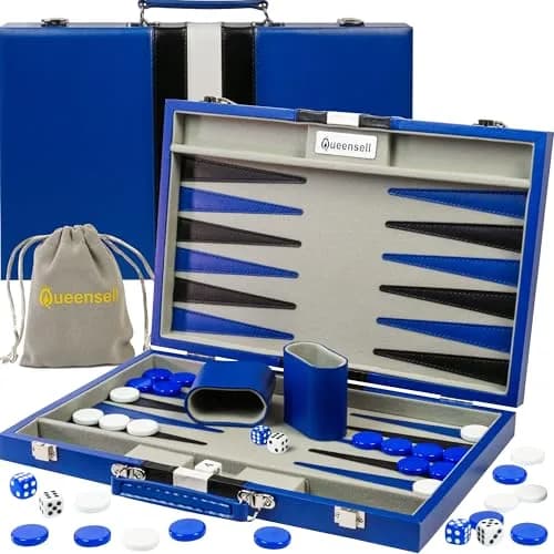 Queensell Blue Backgammon Board Game Set 38.1 cm (15 Inch) | Classic Strategy Game for 2 Players thumbnail 1