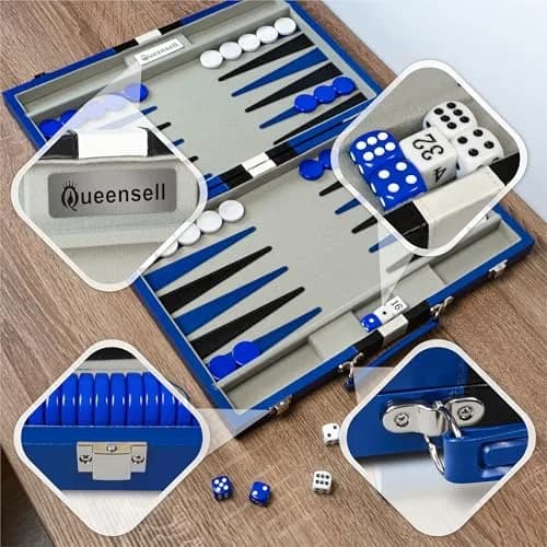 Queensell Blue Backgammon Board Game Set 38.1 cm (15 Inch) | Classic Strategy Game for 2 Players thumbnail 7