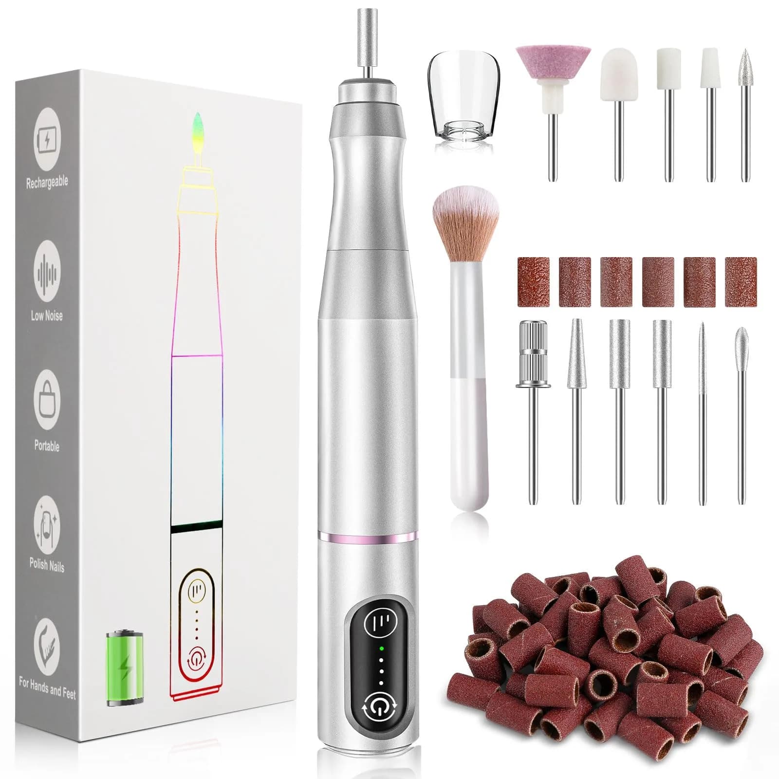 TUOBEO Cordless Nail Drill Electric Nail File Kit, Rechargeable Efile Set with 11 Bits & 56 Bands | 7-Hour Use, 20,000 RPM