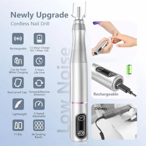 TUOBEO Cordless Nail Drill Electric Nail File Kit, Rechargeable Efile Set with 11 Bits & 56 Bands | 7-Hour Use, 20,000 RPM thumbnail 3