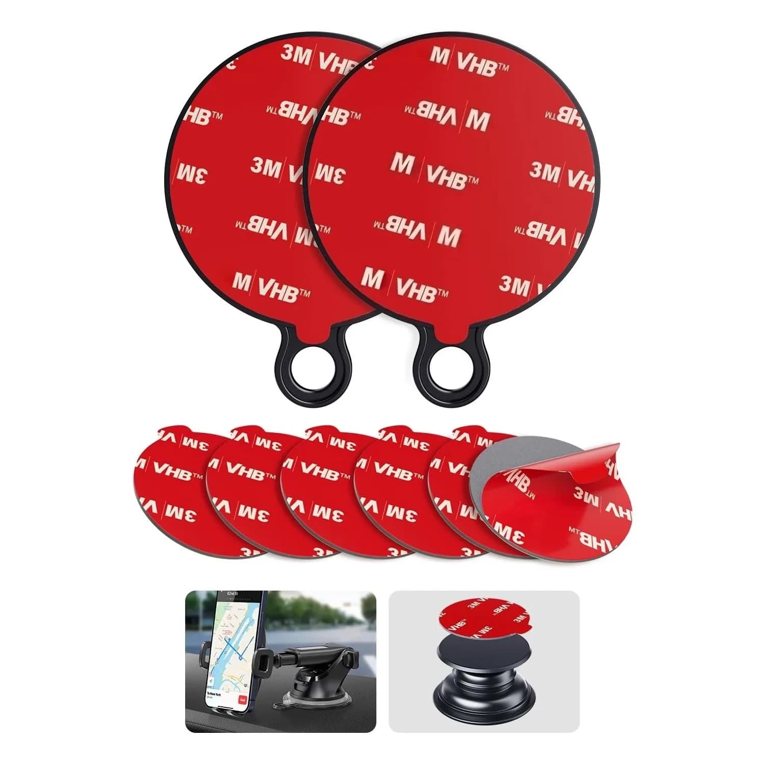 APPS2Car 3M Adhesive Pads 2pcs 70mm Round & 6pcs 35mm (2.9in x 2.9in) | Secure Mounts for Car Phone Holders & GPS