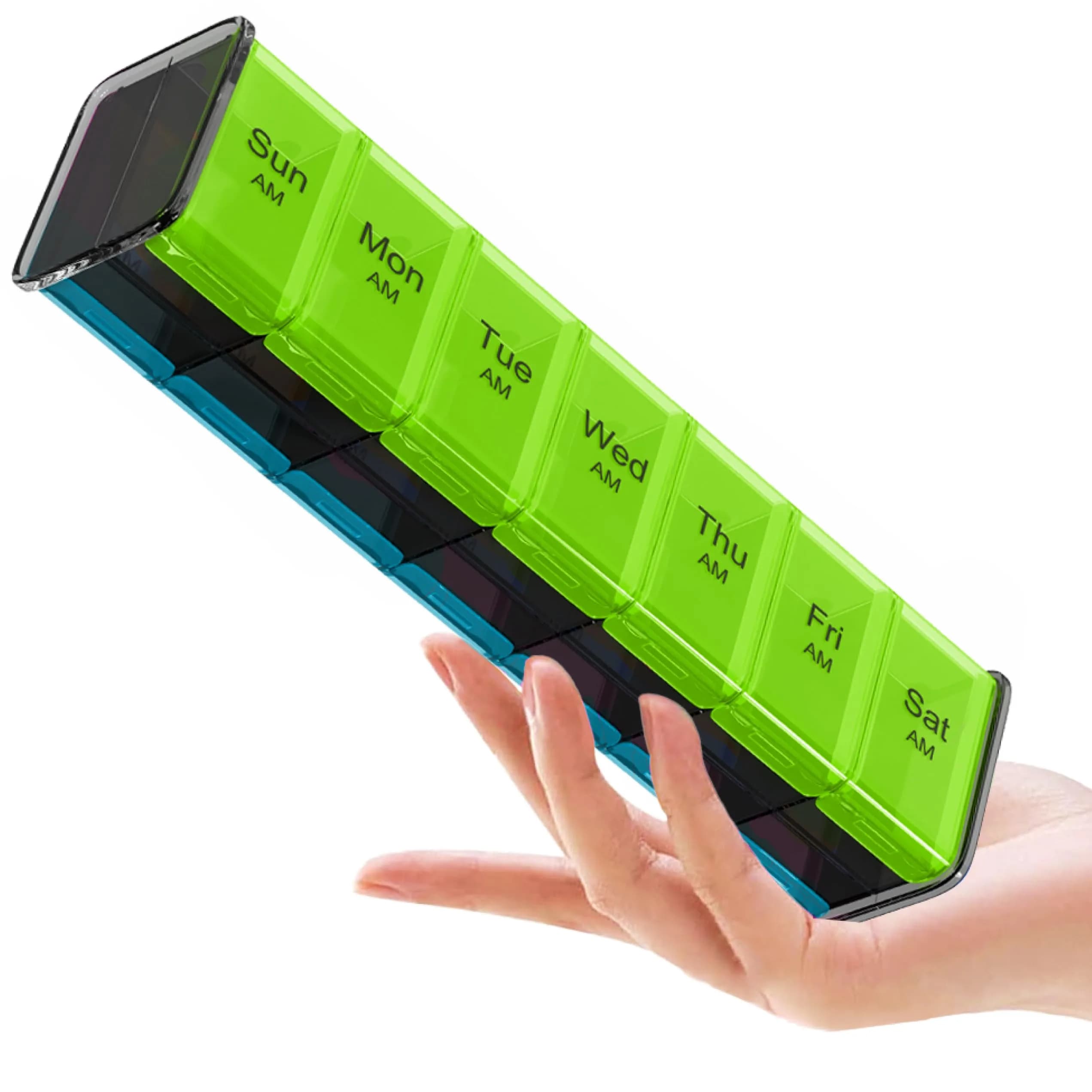 BEXEEN Extra Large Pill Organizer XXL Pill Box 7 Day Weekly Pill Organizer with AM PM Large Compartments 25.65cm (10.1" x 2.7" x 2.1") — Green/Blue