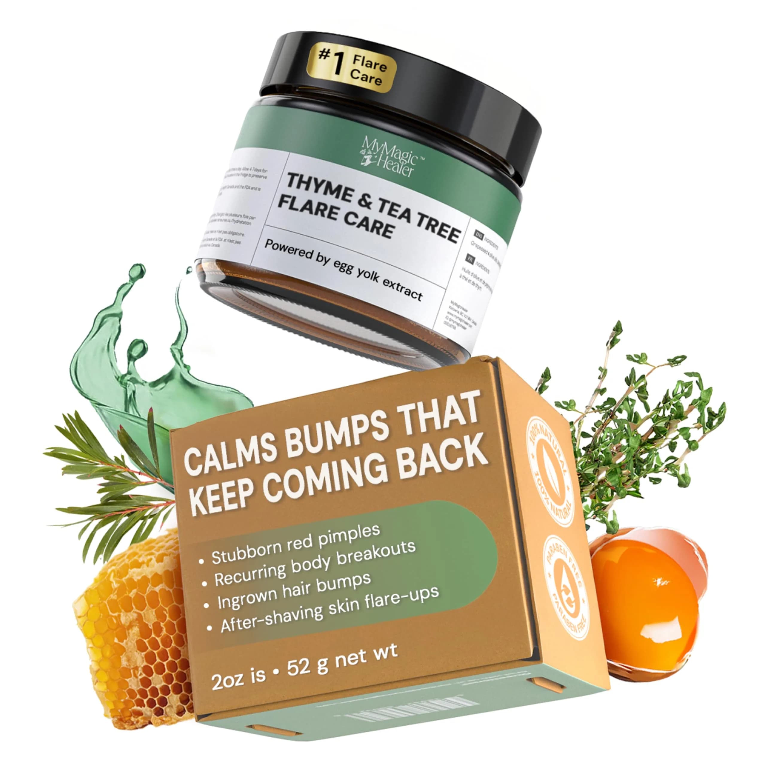 MyMagicHealer Thyme & Tea Tree Flare Care Salve 29.57 ml (1 oz) | Soothes Breakout-Prone Skin, Ingrown Hair & Bumps — 2 Ounce
