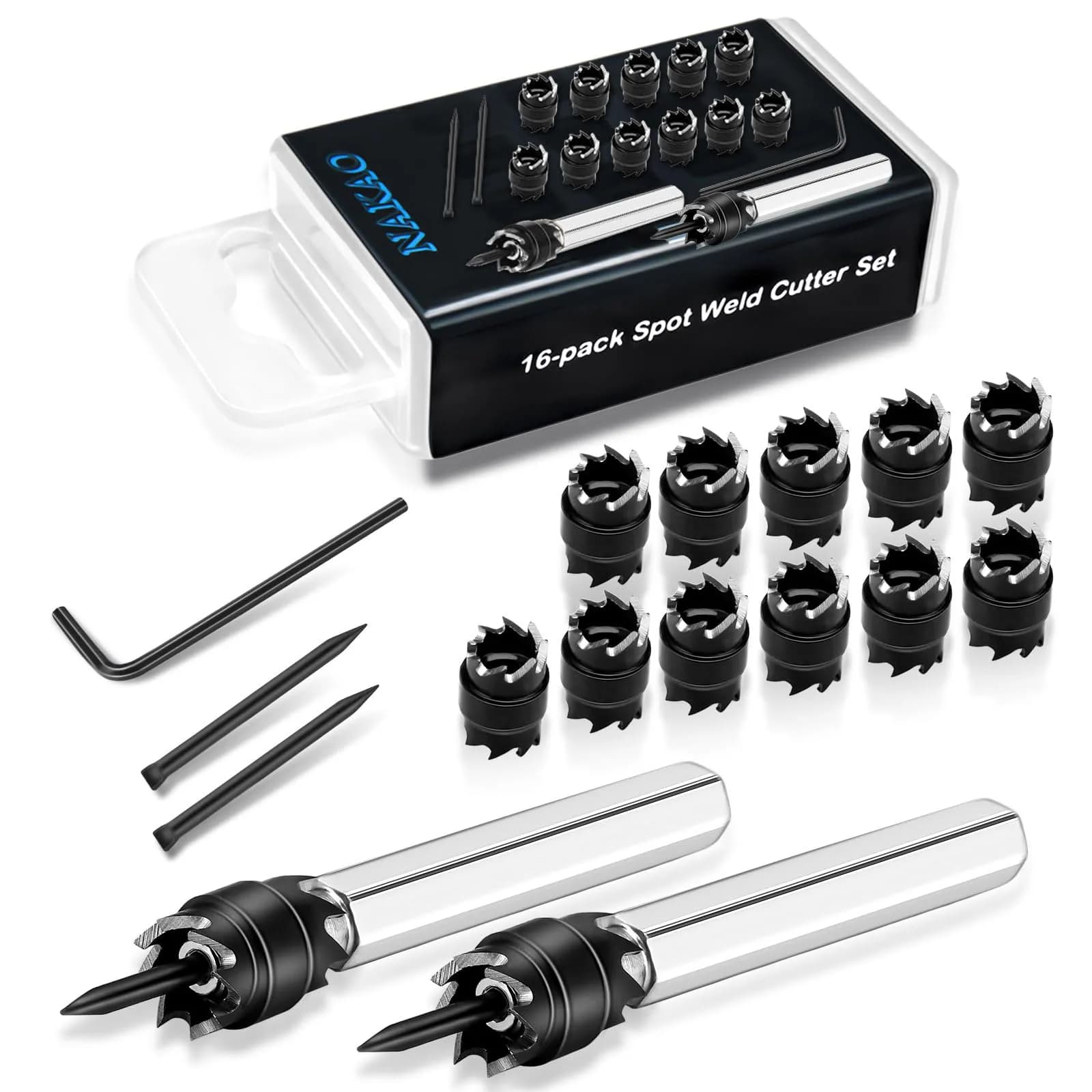 NAKAO 16 Pcs Spot Weld Cutter Set 3/8" (9.5mm) Double Sided HSS Metalworking Drill Bits | Precision Hole Cutter for Sheet Metal - main product image