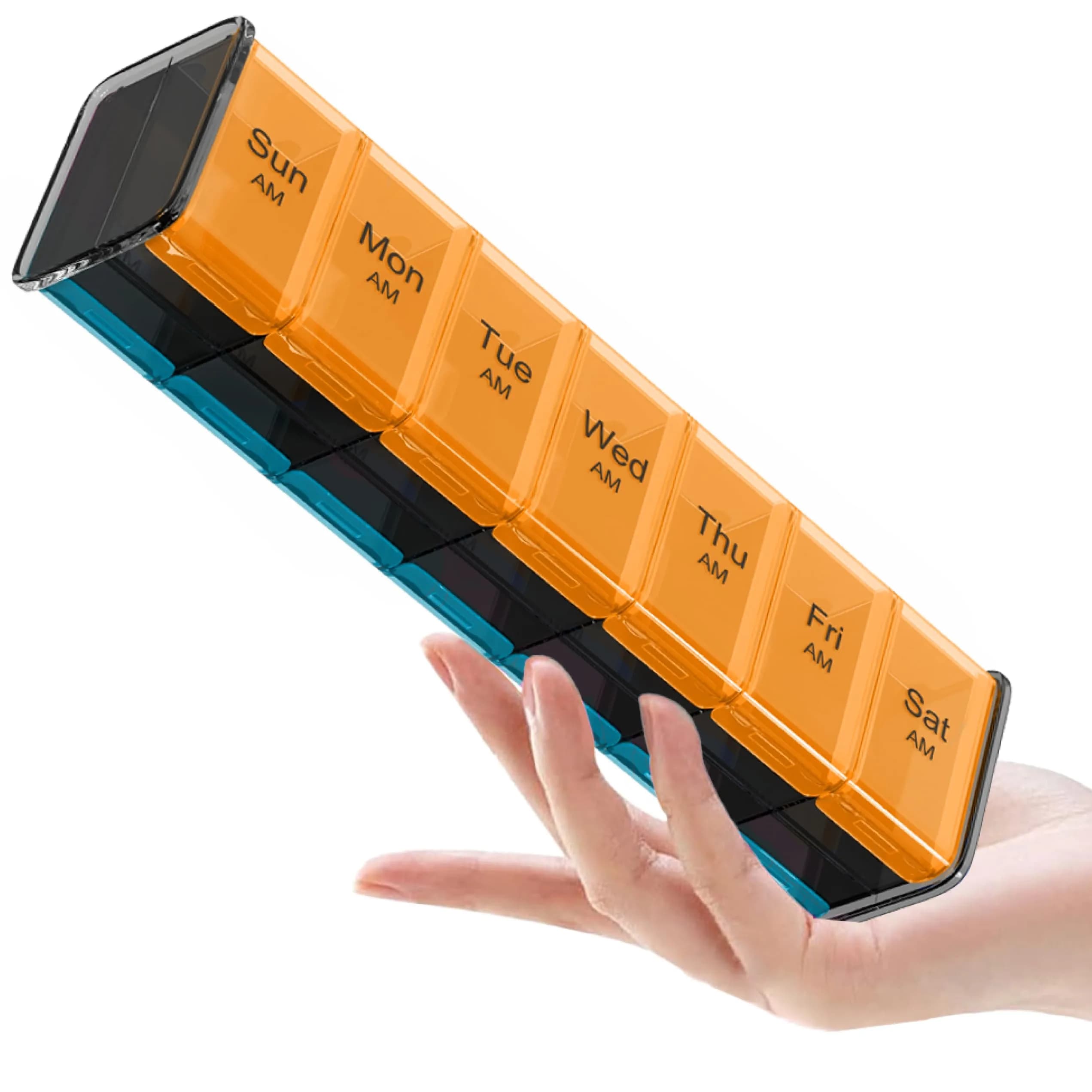 BEXEEN Extra Large Pill Organizer XXL Pill Box 7 Day Weekly Pill Organizer with AM PM Large Compartments 25.65cm (10.1" x 2.7" x 2.1") — Orange/Blue