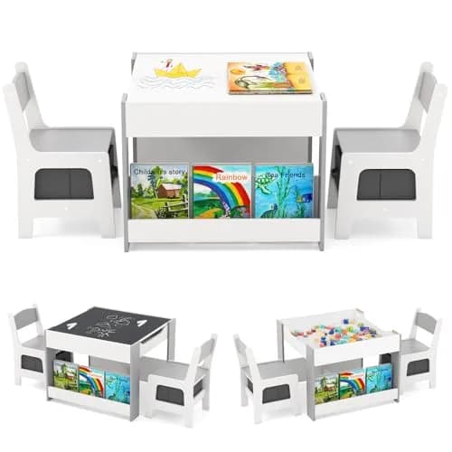 HONEY JOY Kids Table and Chairs, 4-in-1 Wooden Activity Set with Reversible Top, Storage, for 3-6 Years (Gray) thumbnail 1