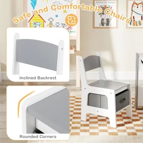HONEY JOY Kids Table and Chairs, 4-in-1 Wooden Activity Set with Reversible Top, Storage, for 3-6 Years (Gray) thumbnail 6