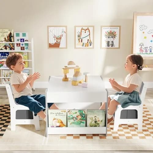 HONEY JOY Kids Table and Chairs, 4-in-1 Wooden Activity Set with Reversible Top, Storage, for 3-6 Years (Gray) thumbnail 2