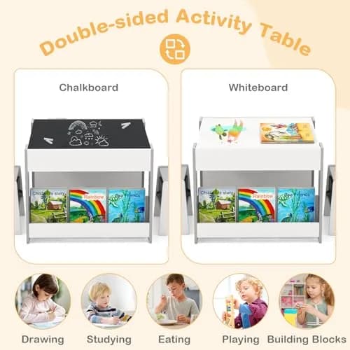 HONEY JOY Kids Table and Chairs, 4-in-1 Wooden Activity Set with Reversible Top, Storage, for 3-6 Years (Gray) thumbnail 3