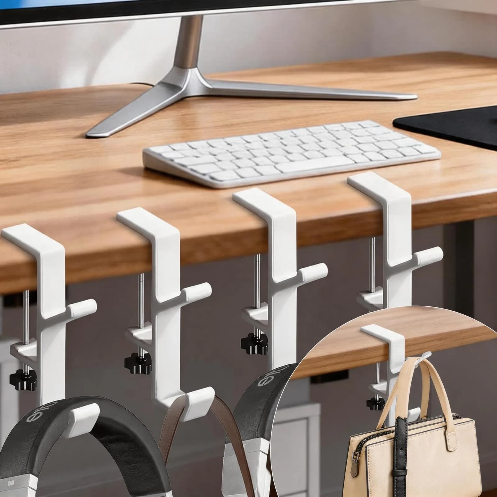 CaLeQi White Double Hook Desk Mount Bag Holder Clamp 10.2 cm (4 inch) | Max 13.6 kg (30 lb) Capacity — 4 Pcs-Double Hook White