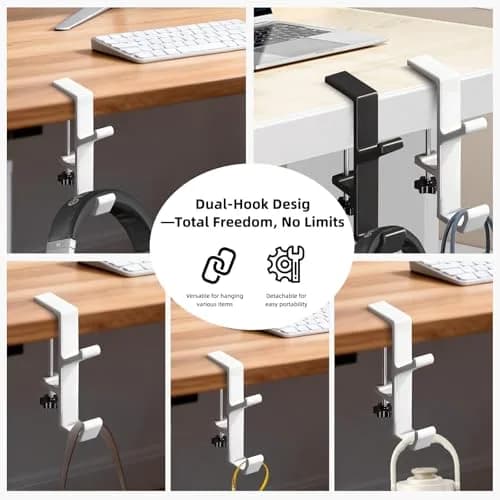 CaLeQi White 4 Pcs Double Hook Desk Mount Bag Holder Clamp | Max 30 lb Capacity thumbnail 5