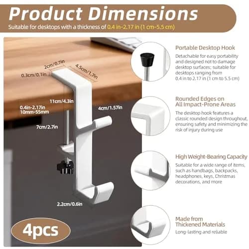 CaLeQi White 4 Pcs Double Hook Desk Mount Bag Holder Clamp | Max 30 lb Capacity thumbnail 2