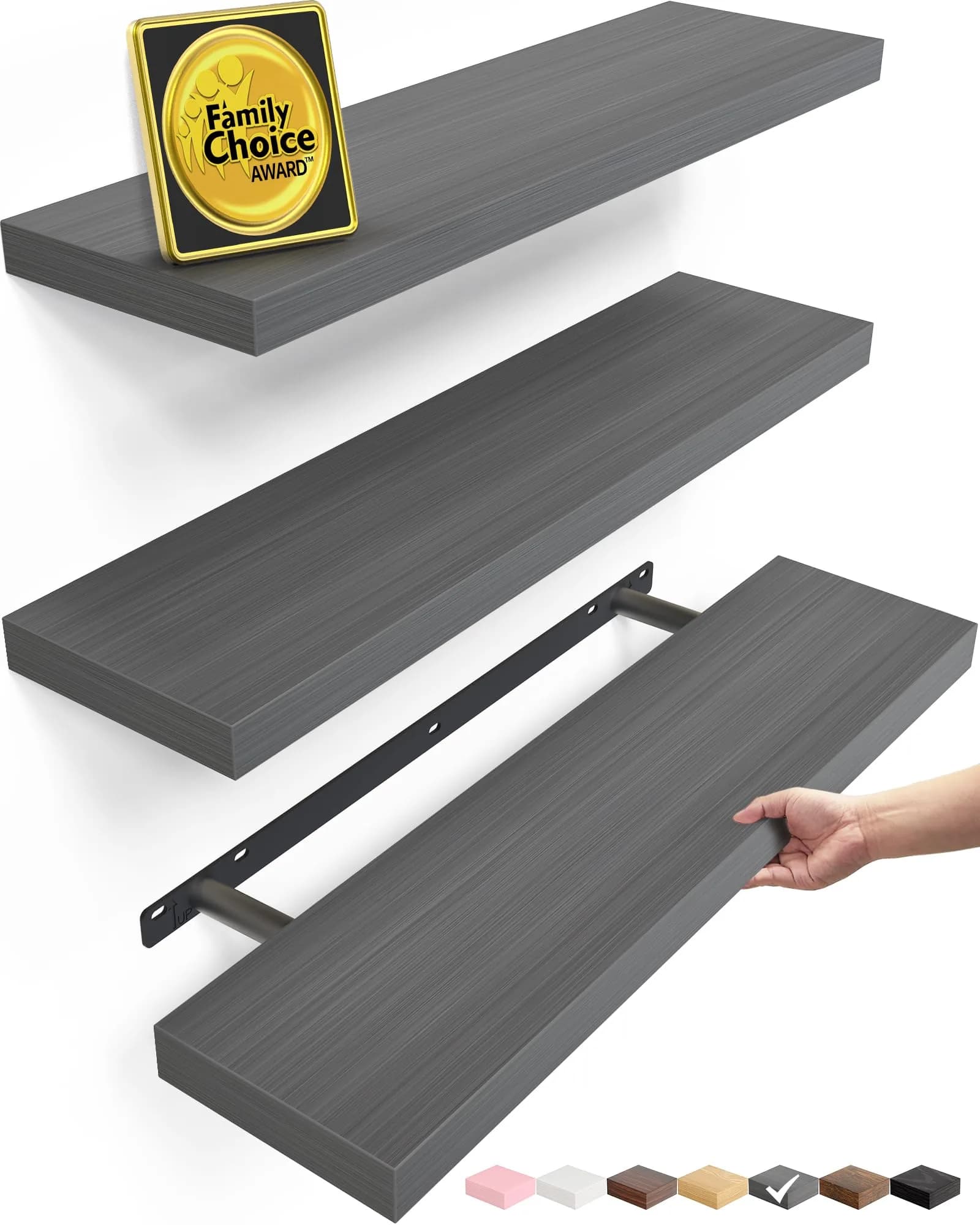 BAYKA Rustic Brown Floating Shelves, 15.7in (39.9cm) Wide, Set of 3 | Sturdy Engineered Wood Wall Mount Shelf for Bathroom, Kitchen, Living Room — Grey