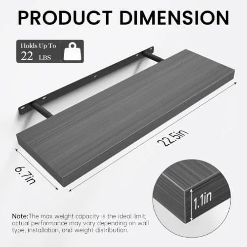 BAYKA Grey Floating Shelves 22.5in (57.15cm) x 6.7in (17.02cm) x 1.1in (2.79cm), Set of 3 | Modern Minimalist Style thumbnail 5