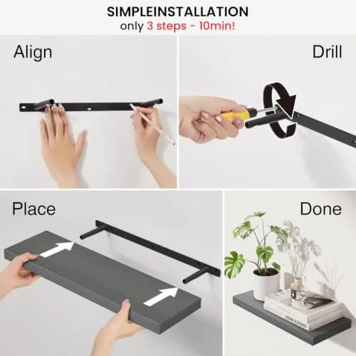 BAYKA Grey Floating Shelves 22.5in (57.15cm) x 6.7in (17.02cm) x 1.1in (2.79cm), Set of 3 | Modern Minimalist Style thumbnail 8