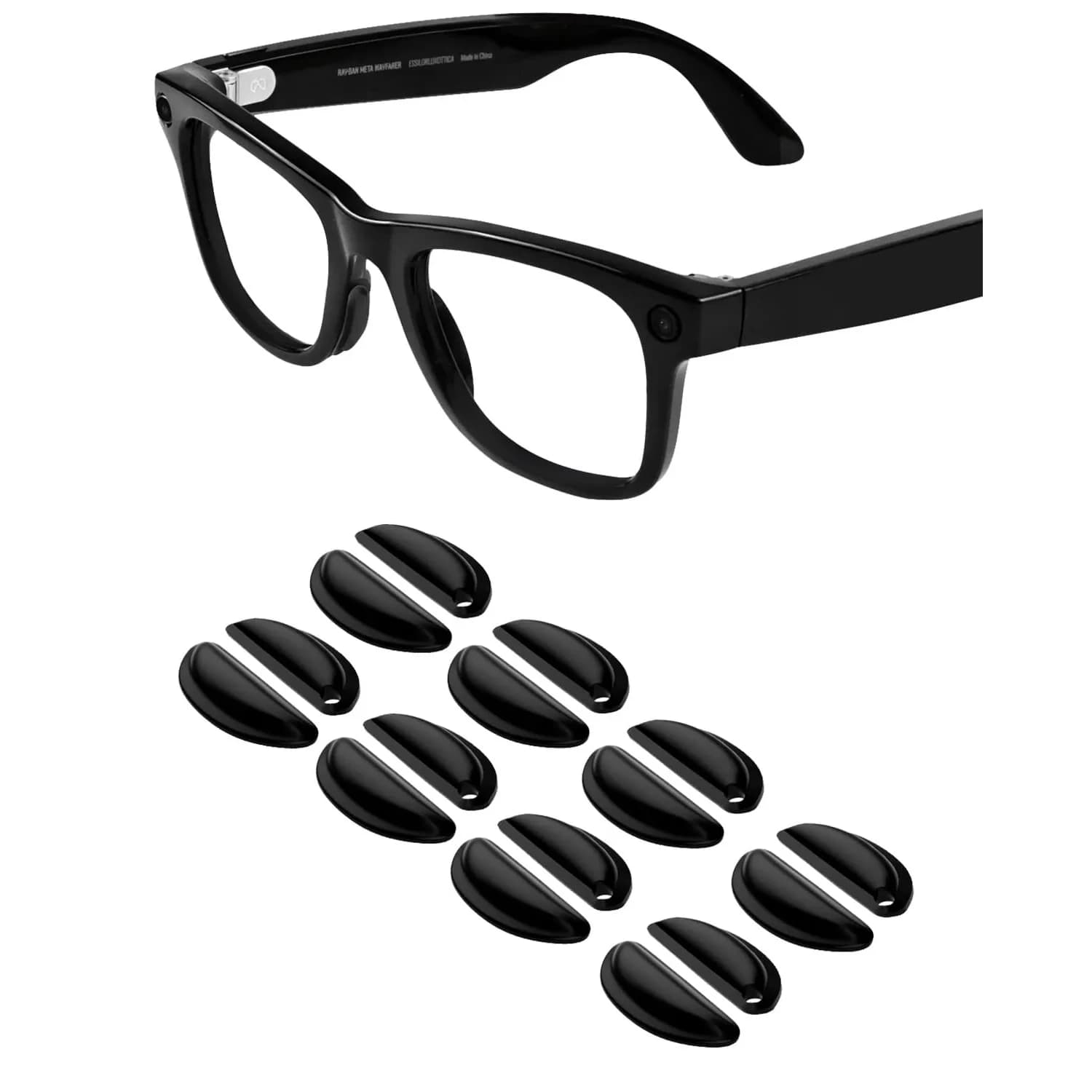 BandSmith Silicone Nose Pads & Ear Grips for Ray-Ban Meta Wayfarer | 8 Pairs Nose Pads + 1 Pair Ear Grips — Black
