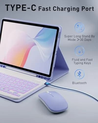 TUNKARMOR Backlit Keyboard Case for iPad 11th Gen 2025 & 10th Gen 2022 10.9/11-inch with S Pen Holder & Mouse | Purple thumbnail 5