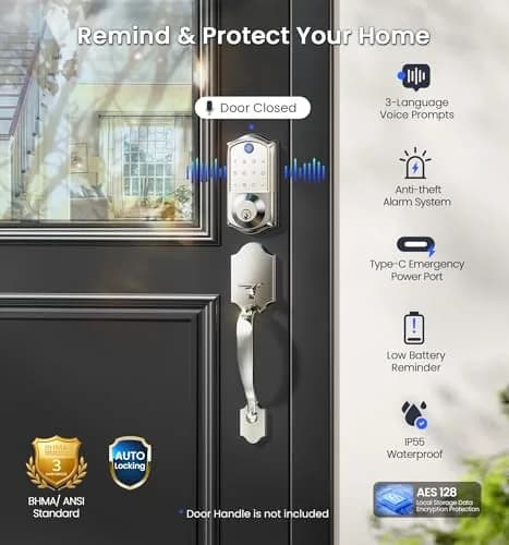 Veise VE017G WiFi Smart Keyless Entry Lock for Front Door, Satin Nickel | App, Fingerprint, Voice Unlock thumbnail 9